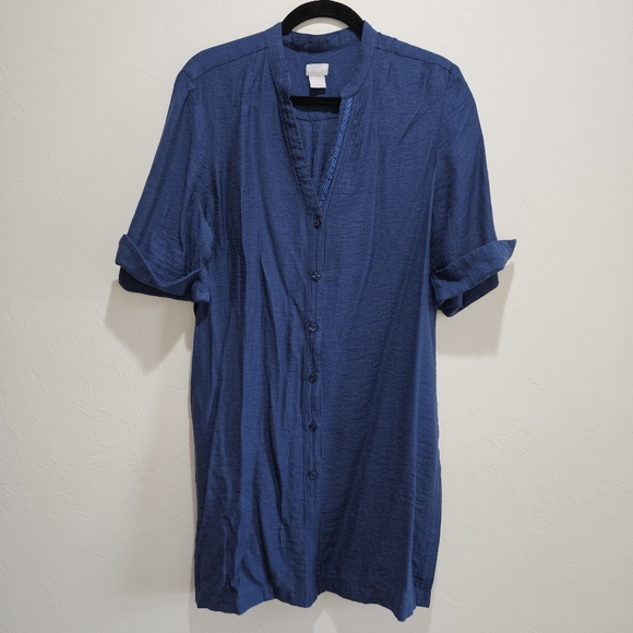 Chico's Size 2 | Large Button Front Shirt Dress Blue Rayon Linen Blend - Picture 4 of 13